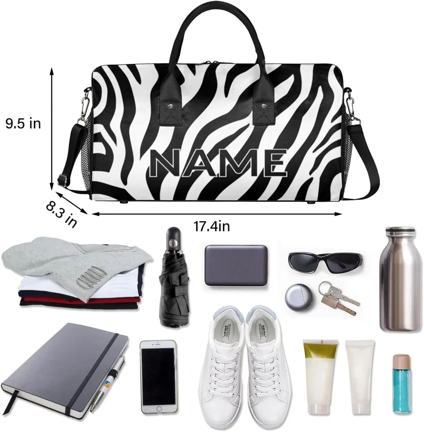 Personalized Zebra Print Travel Duffel Bag with Name, Custom Gym Sport Bag Modern Art Carry On Weekend Overnight Duffel Bag for Men Women