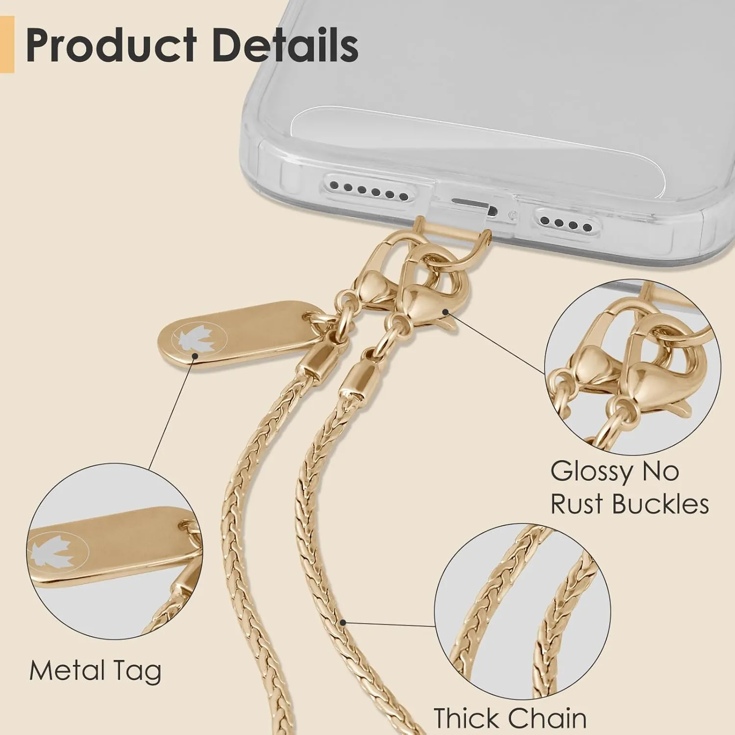 Phone Lanyard Chain Corssbody Hands-Free Cellphone Lanyard For Women Detachable iPhone Strap With Clear Tether Tabs