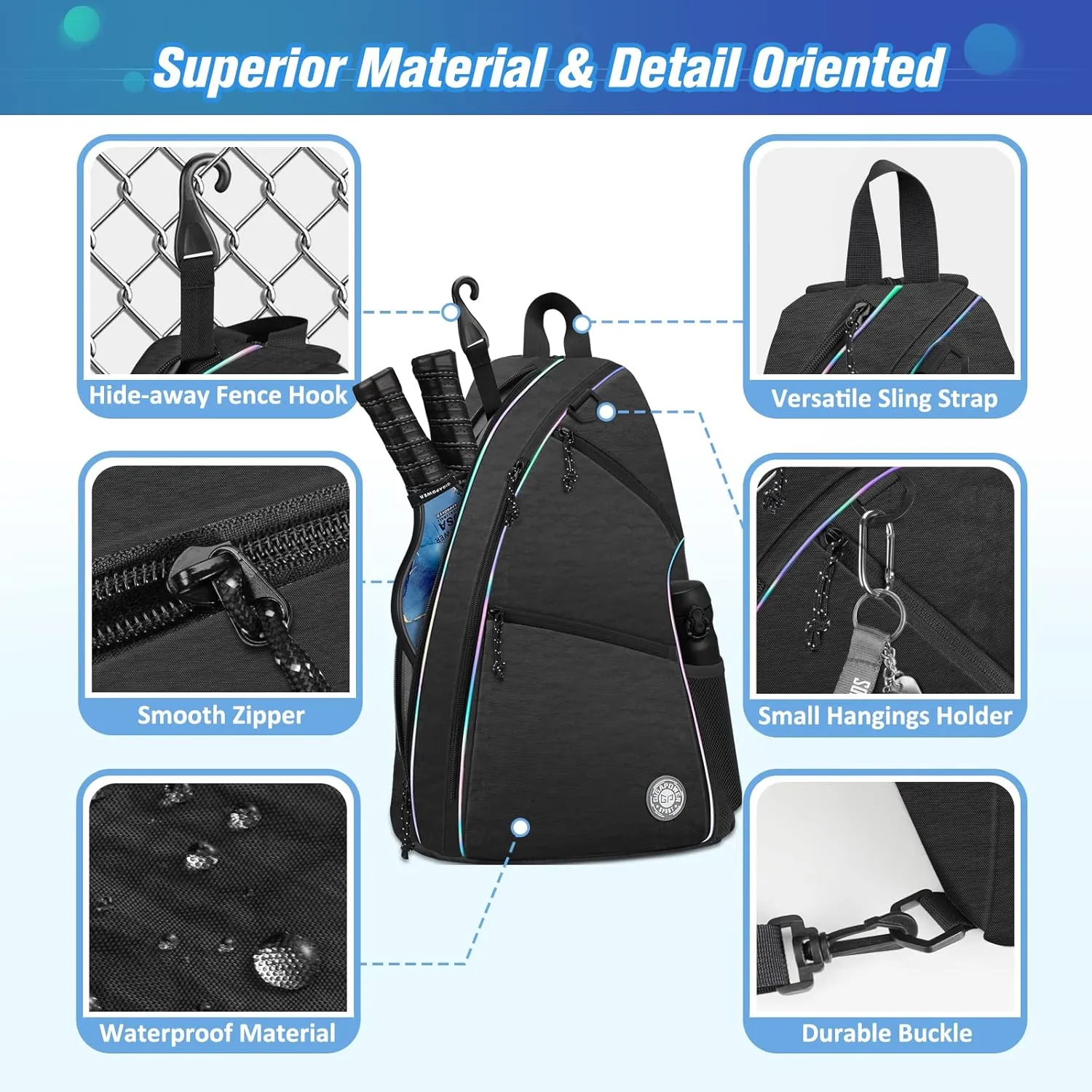 Pickleball Bag | Men's and Women's Pickleball Backpack | Adjustable Sling Bag | Reversible Crossbody Sports Backpack with Colorful Light Reflective