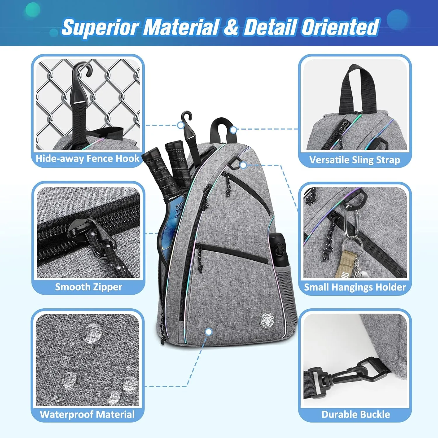 Pickleball Bag | Men's and Women's Pickleball Backpack | Adjustable Sling Bag | Reversible Crossbody Sports Backpack with Colorful Light Reflective