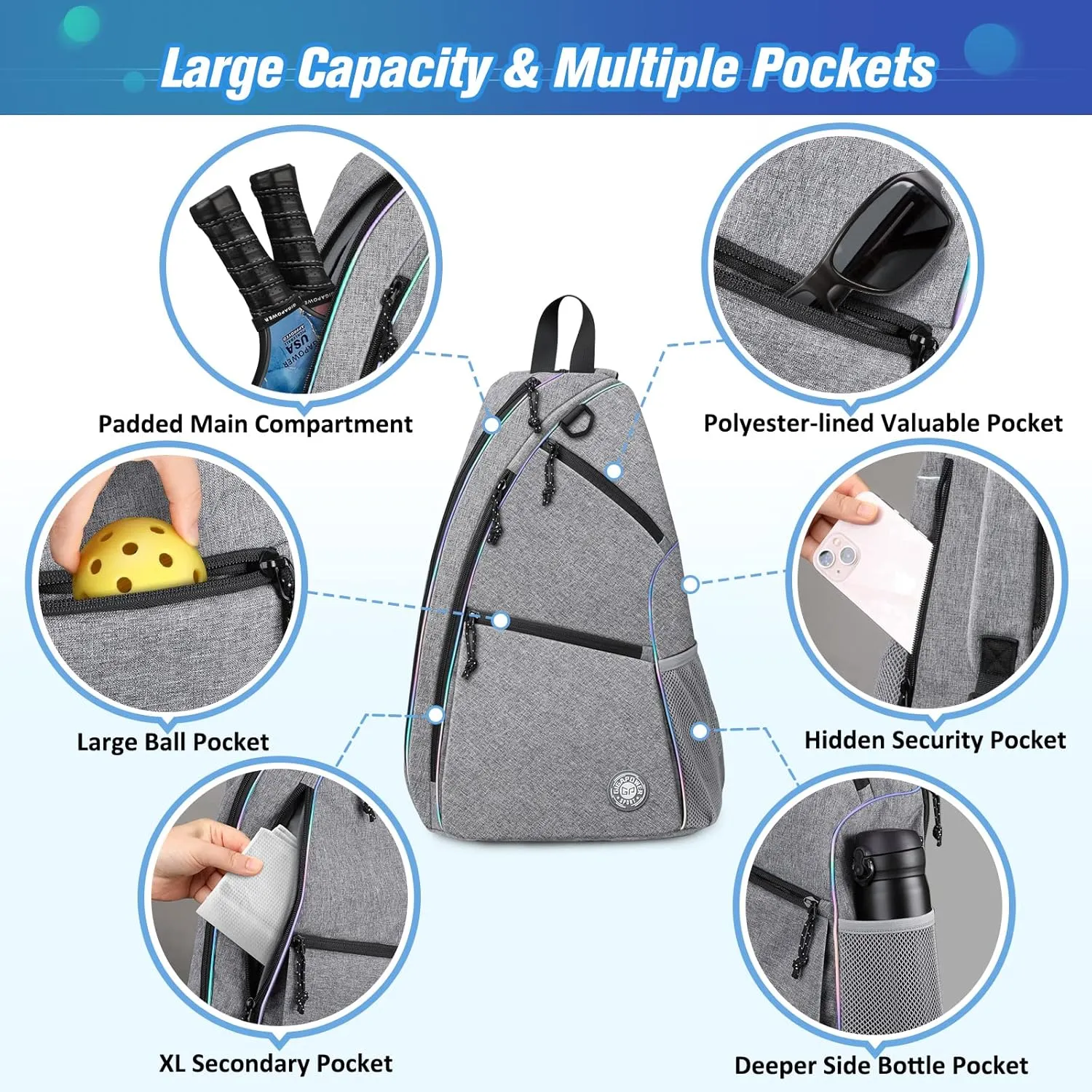 Pickleball Bag | Men's and Women's Pickleball Backpack | Adjustable Sling Bag | Reversible Crossbody Sports Backpack with Colorful Light Reflective