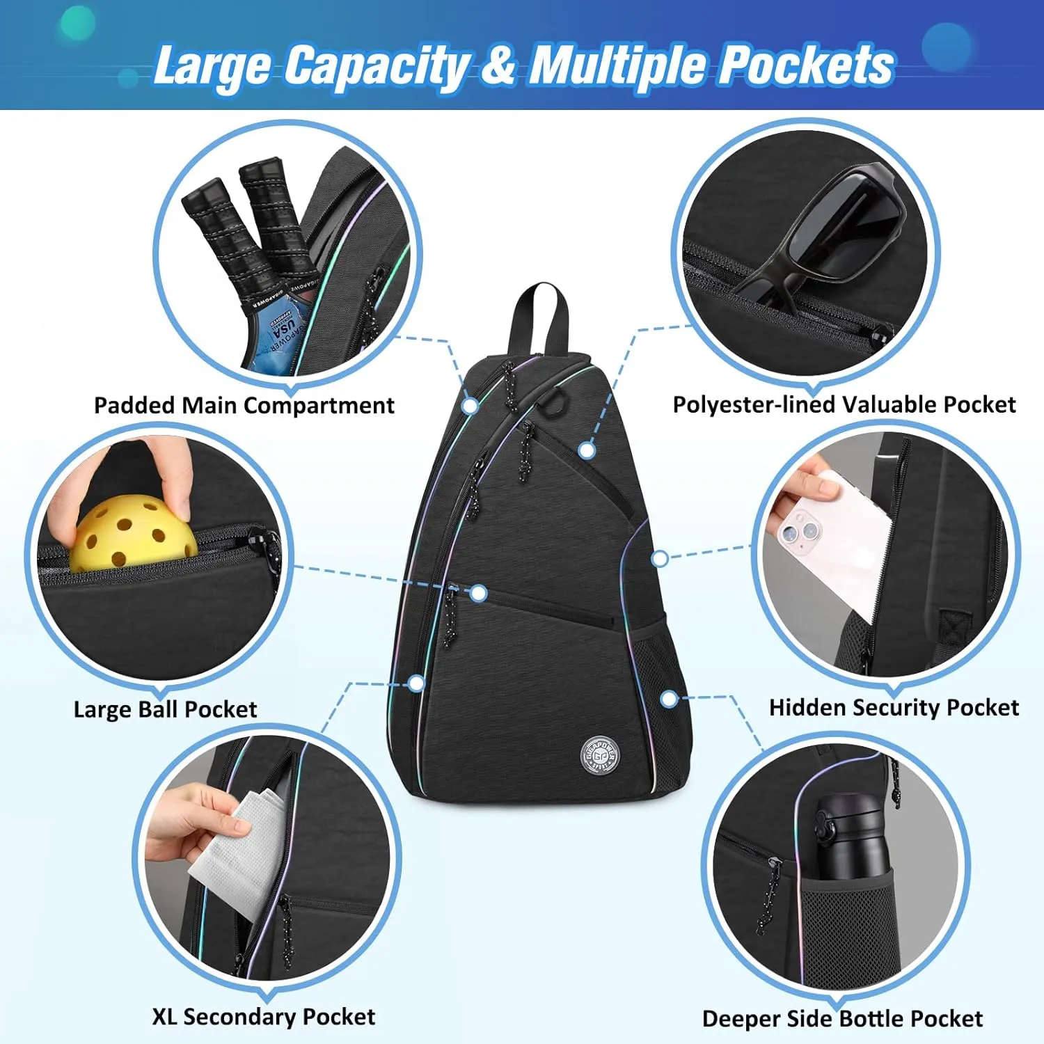 Pickleball Bag | Men's and Women's Pickleball Backpack | Adjustable Sling Bag | Reversible Crossbody Sports Backpack with Colorful Light Reflective