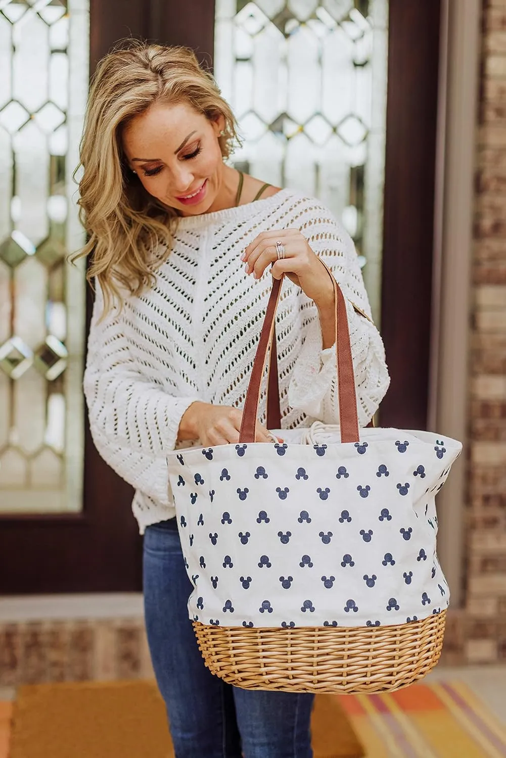 PICNIC TIME Coronado Canvas and Willow Basket Tote, Picnic Tote Bag, Beach Tote