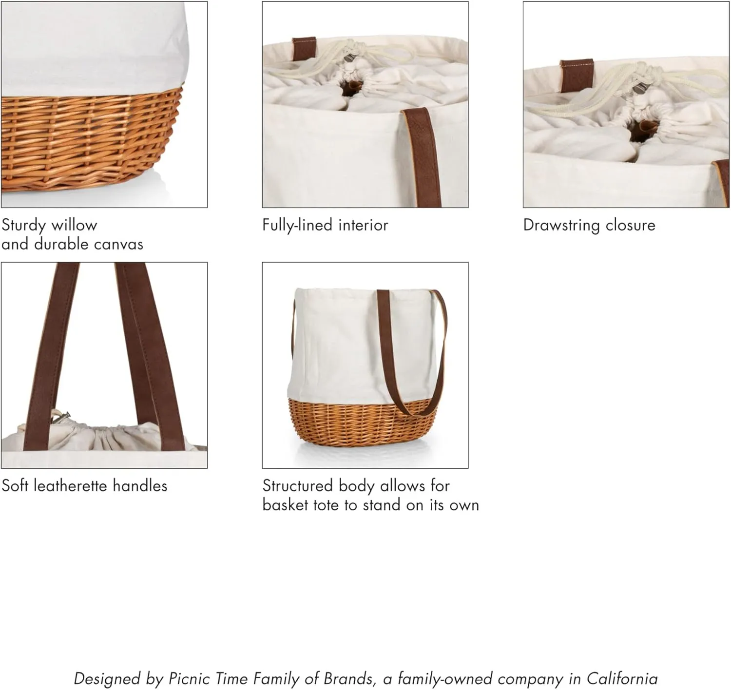 PICNIC TIME Coronado Canvas and Willow Basket Tote, Picnic Tote Bag, Beach Tote