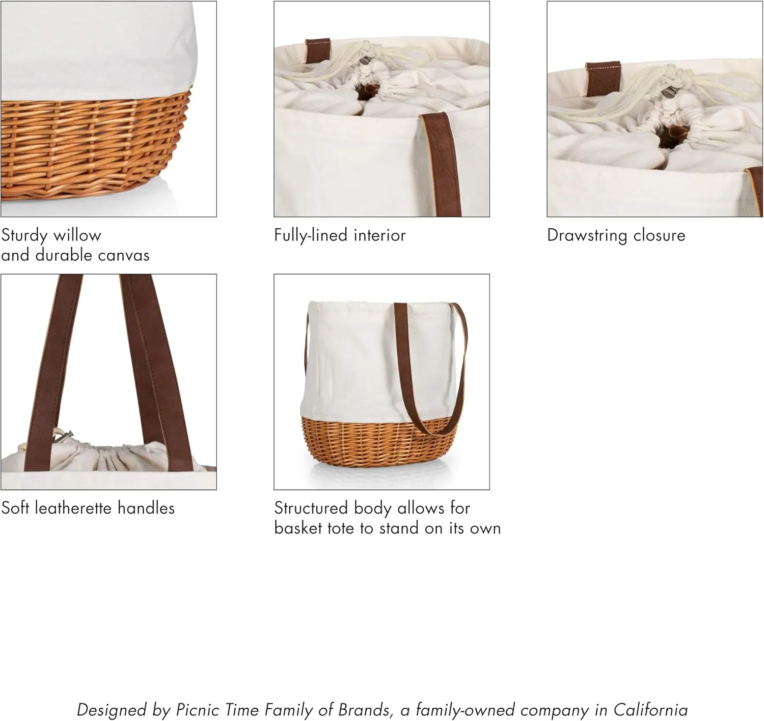 Picnic TIME NCAA Coronado Canvas and Willow Basket Tote, Picnic Tote Bag, Beach Tote, (Beige Canvas)