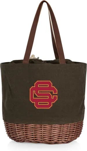 PICNIC TIME NCAA USC Trojans Coronado Canvas and Willow Basket Tote, Picnic Tote Bag, Beach Tote, (Khaki Green with Beige Accents)