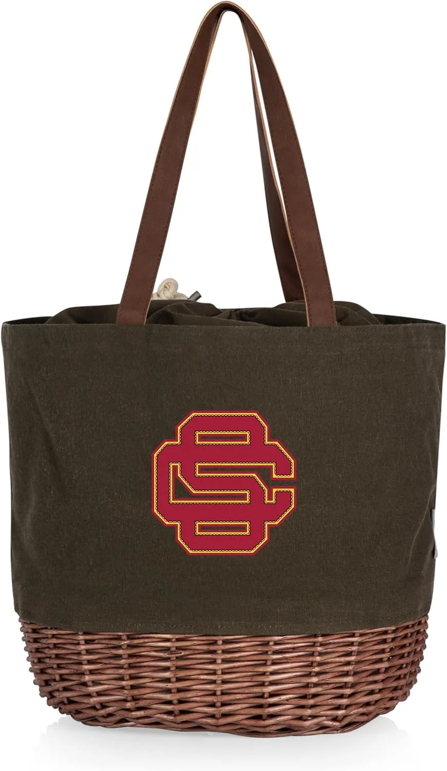 PICNIC TIME NCAA USC Trojans Coronado Canvas and Willow Basket Tote, Picnic Tote Bag, Beach Tote, (Khaki Green with Beige Accents)
