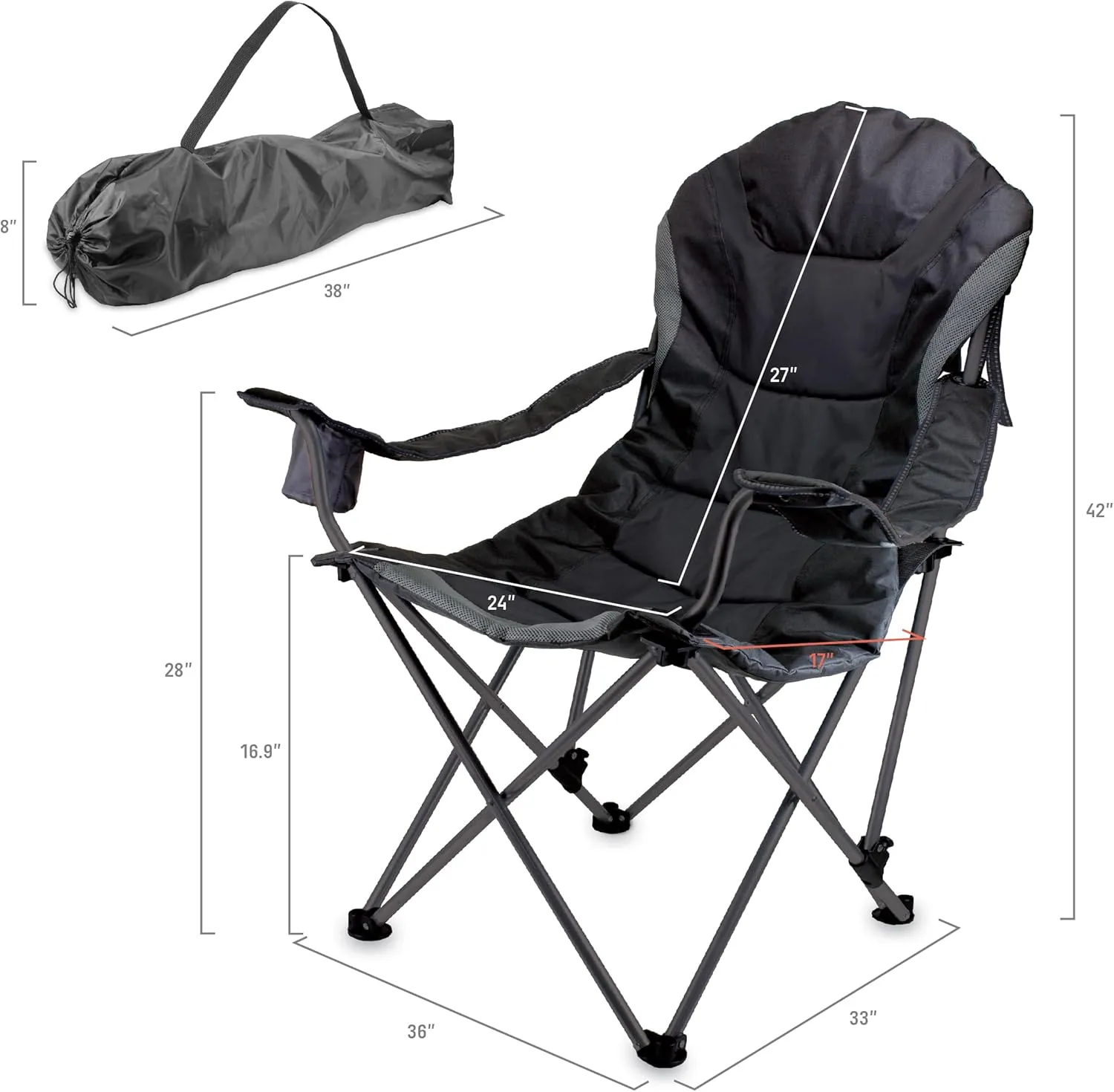 Picnic TIME Reclining Camp Chair, Beach Chair for Adults, Sports Chair with Carry Bag