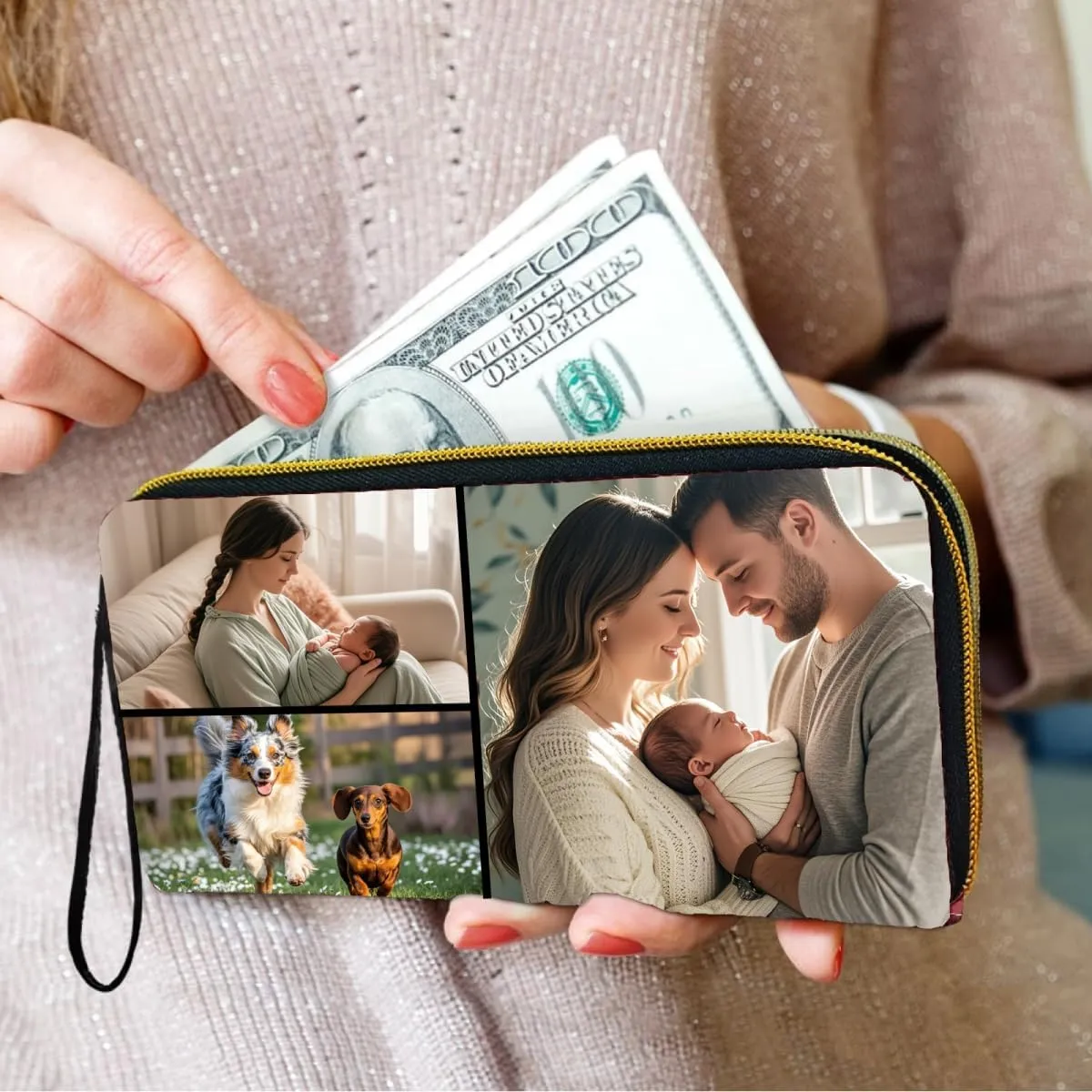 Picture Customized Wallet for Women, Personalized Photo Print Wristlet Zip Around Wallets, PU Leather Purse