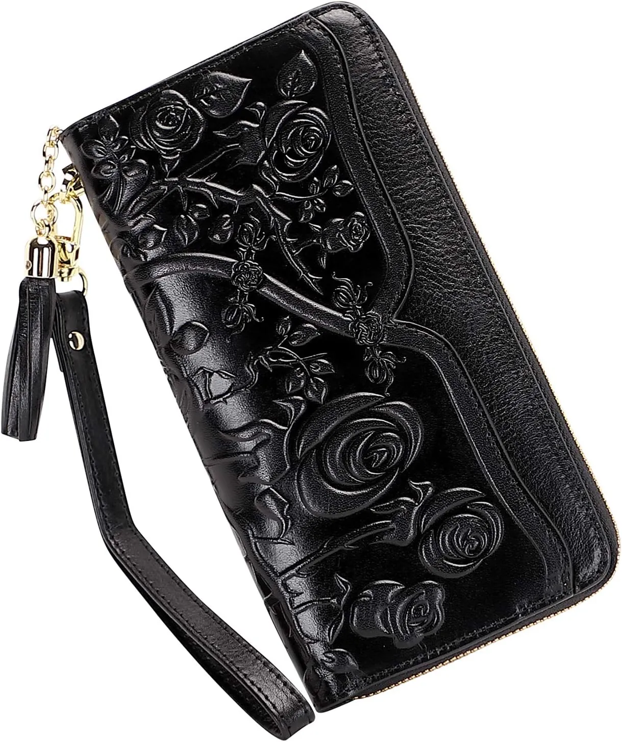 PIJUSHI Genuine Leather Wallets for Women Designer Floral Wristlet Wallet Ladies Clutch Purse with Tassel