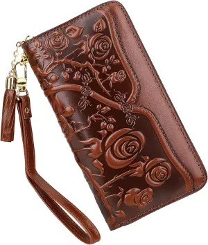 PIJUSHI Genuine Leather Wallets for Women Designer Floral Wristlet Wallet Ladies Clutch Purse with Tassel