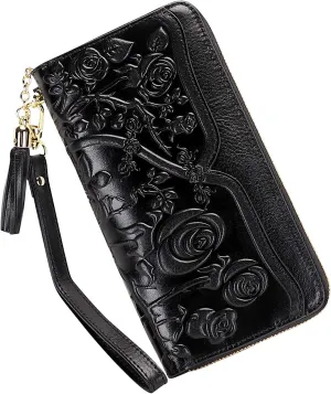 PIJUSHI Genuine Leather Wallets for Women Designer Floral Wristlet Wallet Ladies Clutch Purse with Tassel