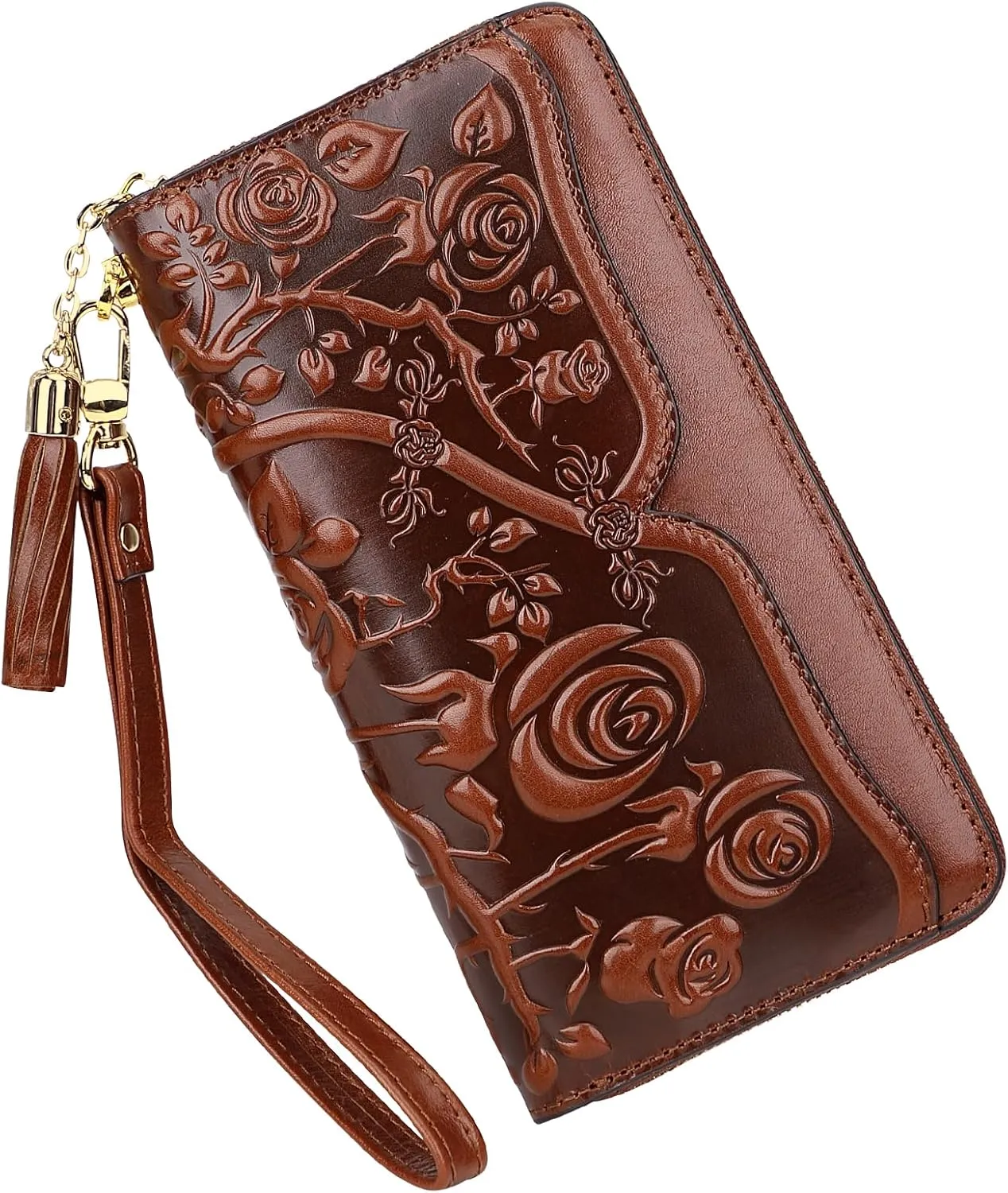 PIJUSHI Genuine Leather Wallets for Women Designer Floral Wristlet Wallet Ladies Clutch Purse with Tassel