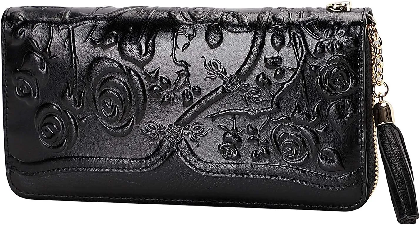 PIJUSHI Genuine Leather Wallets for Women Designer Floral Wristlet Wallet Ladies Clutch Purse with Tassel