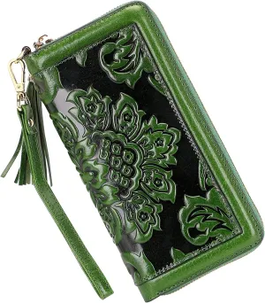 PIJUSHI Leather Wallets For Women Floral Wristlet Wallet Card Holder Purse