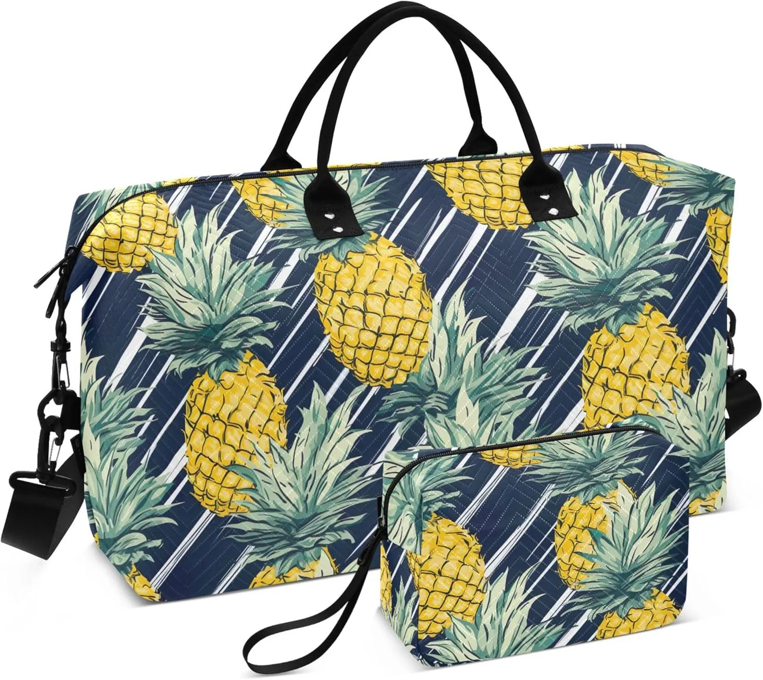 Pineapple Stripe Travel Duffel Bag with Toiletry Bag Personalized Weekender Bag for Trips Sports Business Large Carry On Overnight Bag for Women & Men