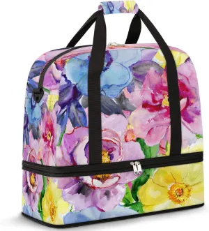 Pink Blue Flower Rose Sports Tote Gym Bag with Wet Pocket Shoe Compartment Waterproof Travel Bag Weekender Overnight Bag Carry On Bag Travel Duffel Bag for Men or Women
