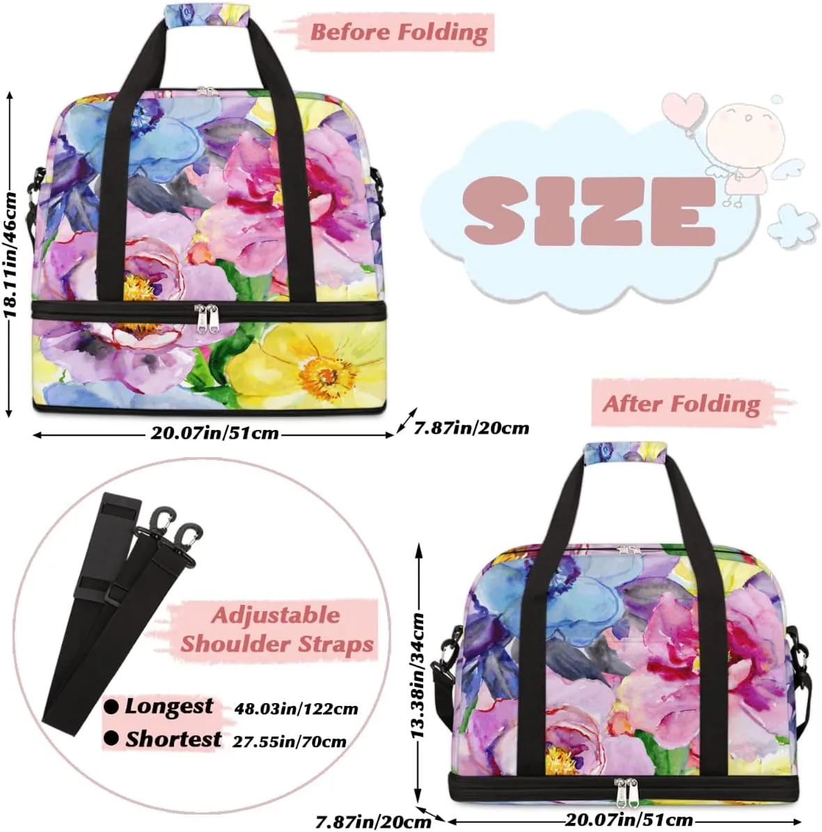 Pink Blue Flower Rose Sports Tote Gym Bag with Wet Pocket Shoe Compartment Waterproof Travel Bag Weekender Overnight Bag Carry On Bag Travel Duffel Bag for Men or Women