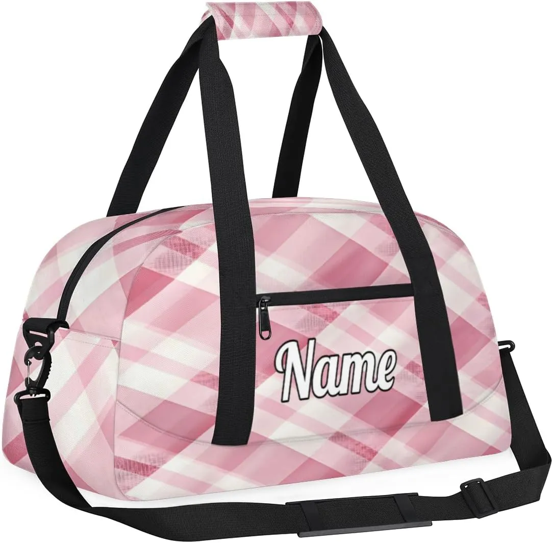 Pink Checkered Personalized Kids Gym Bag Custom Dance Bag with Name Sport Duffel Bag for Girls Boys Weekender Overnight Travel Bag
