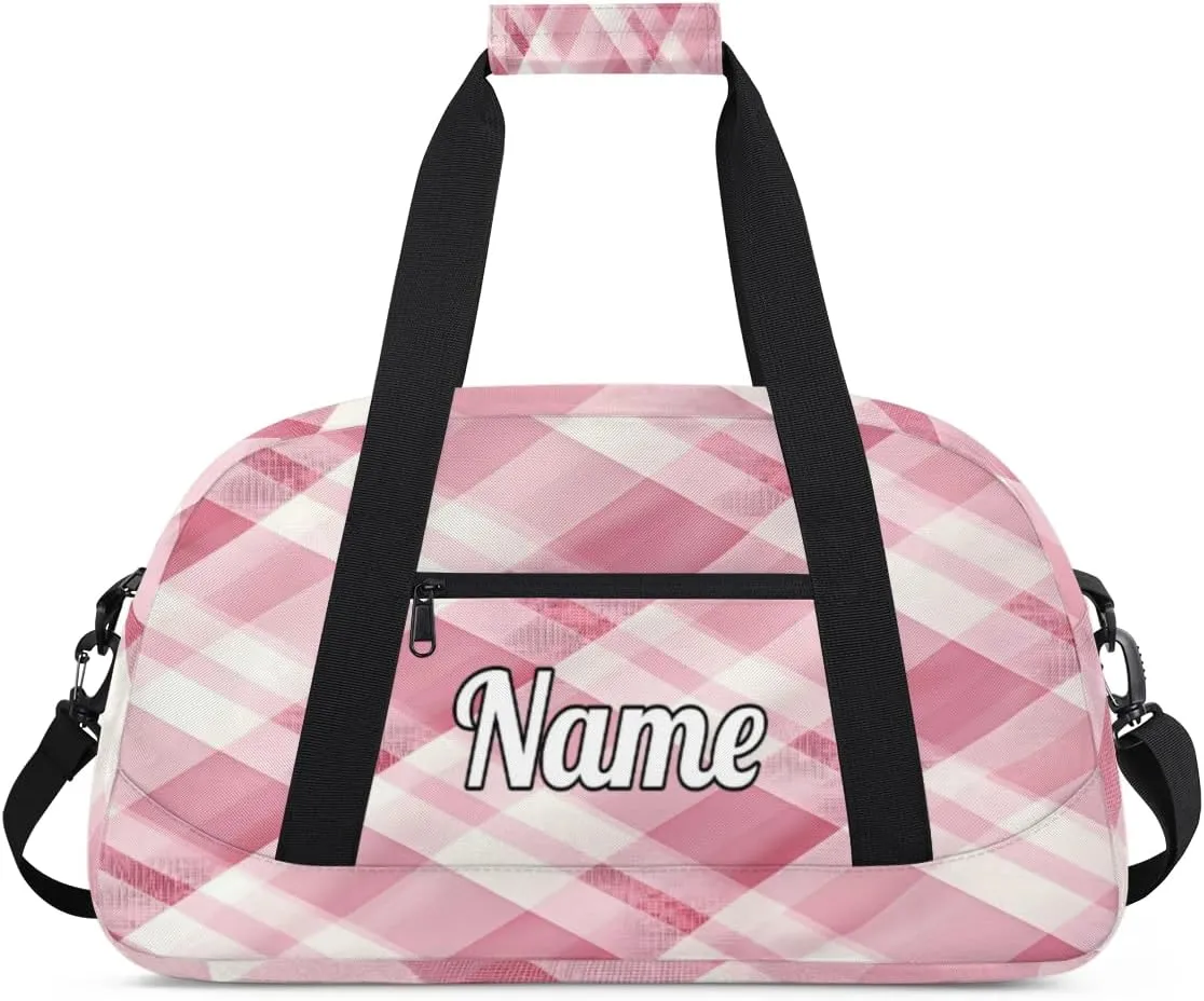 Pink Checkered Personalized Kids Gym Bag Custom Dance Bag with Name Sport Duffel Bag for Girls Boys Weekender Overnight Travel Bag