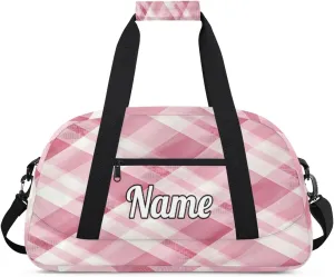 Pink Checkered Personalized Kids Gym Bag Custom Dance Bag with Name Sport Duffel Bag for Girls Boys Weekender Overnight Travel Bag