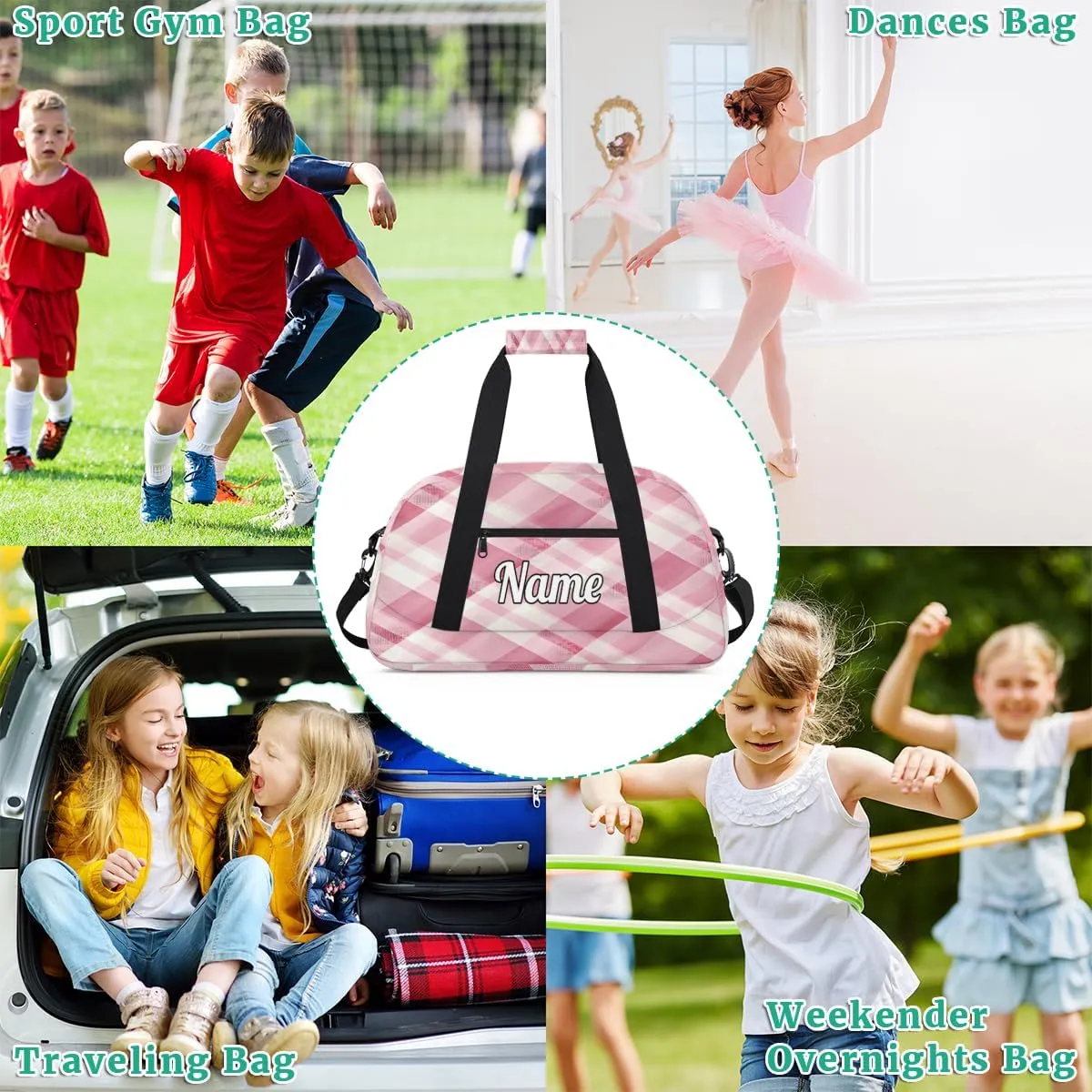 Pink Checkered Personalized Kids Gym Bag Custom Dance Bag with Name Sport Duffel Bag for Girls Boys Weekender Overnight Travel Bag