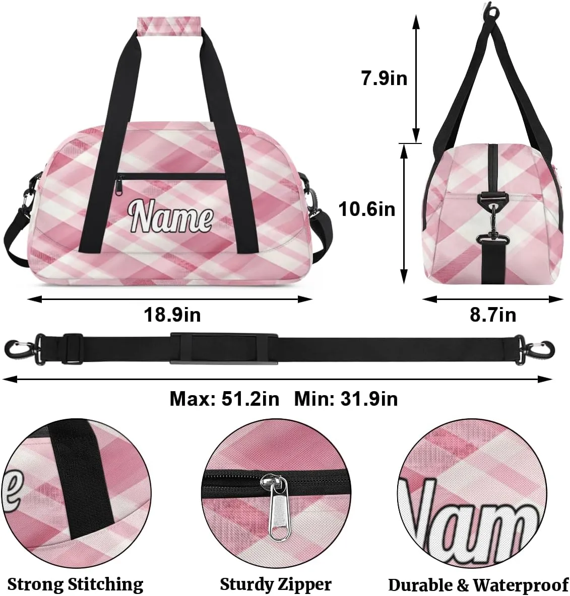 Pink Checkered Personalized Kids Gym Bag Custom Dance Bag with Name Sport Duffel Bag for Girls Boys Weekender Overnight Travel Bag