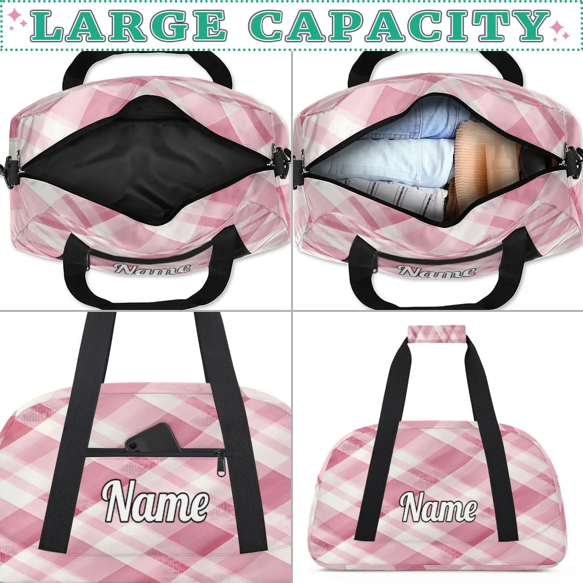 Pink Checkered Personalized Kids Gym Bag Custom Dance Bag with Name Sport Duffel Bag for Girls Boys Weekender Overnight Travel Bag