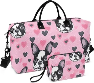 Pink Dogs Heart Travel Duffel Bag with Toiletry Bag Personalized Weekender Bag for Travel Sports Trips Large Gym Duffel Bag Overnight Bag for Women & Men