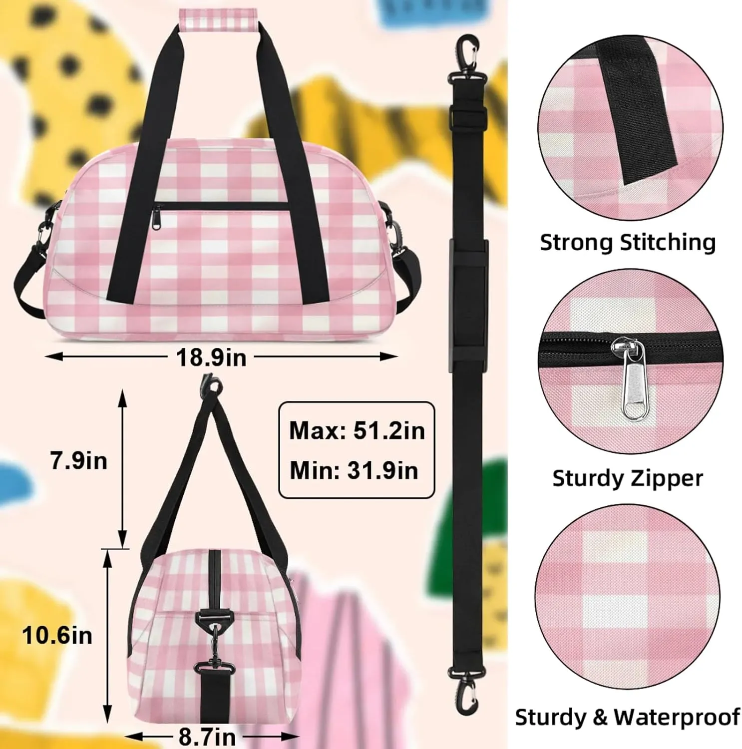 Pink Plaid Small Gym Bag 18 inch Carry On Duffel Bag for Weekender Travel Sports Workout Yoga Gymnastics Dance Ballet