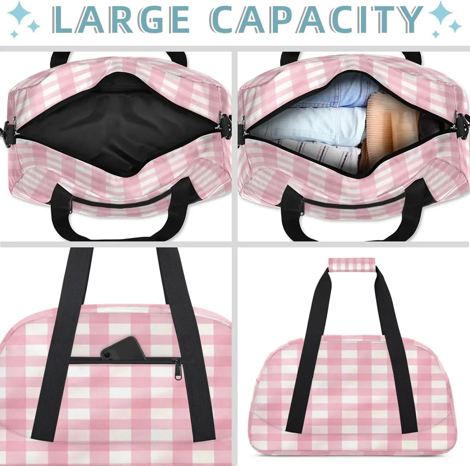 Pink Plaid Small Gym Bag 18 inch Carry On Duffel Bag for Weekender Travel Sports Workout Yoga Gymnastics Dance Ballet