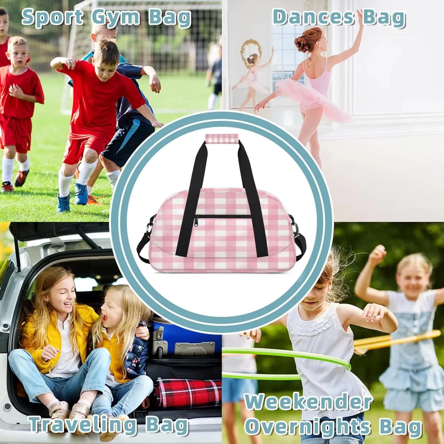 Pink Plaid Small Gym Bag 18 inch Carry On Duffel Bag for Weekender Travel Sports Workout Yoga Gymnastics Dance Ballet
