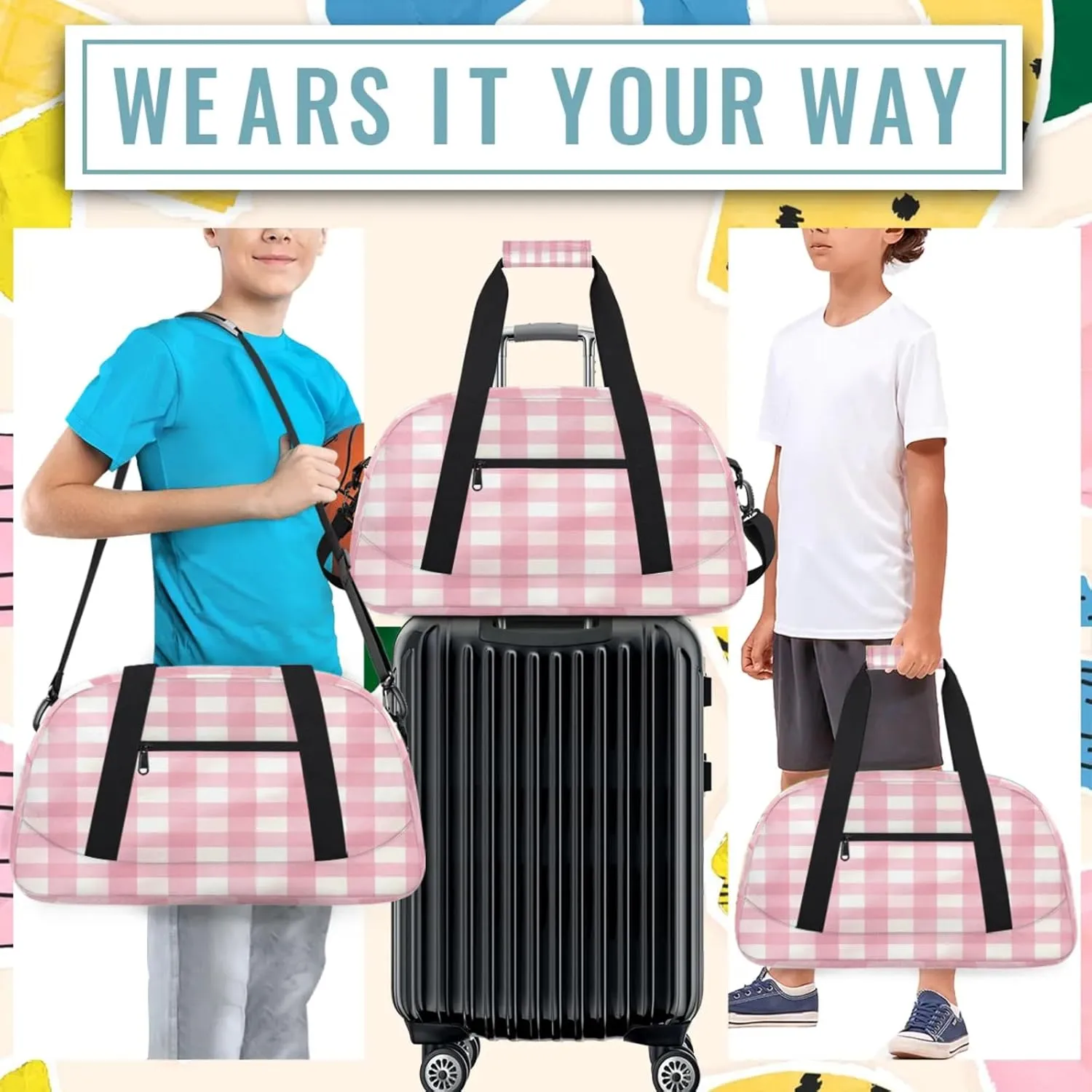 Pink Plaid Small Gym Bag 18 inch Carry On Duffel Bag for Weekender Travel Sports Workout Yoga Gymnastics Dance Ballet