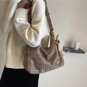 Plaid Purses for Women - Wool Handbag with Pendant, Hobo Shoulder Bag and Tartan Fabric Clutch (Khaki)