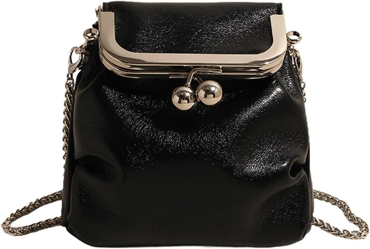 Pleated Shoulder Chain Crossbody bag, Clip Buckle Small Square Bag,shoulder bag (Black)