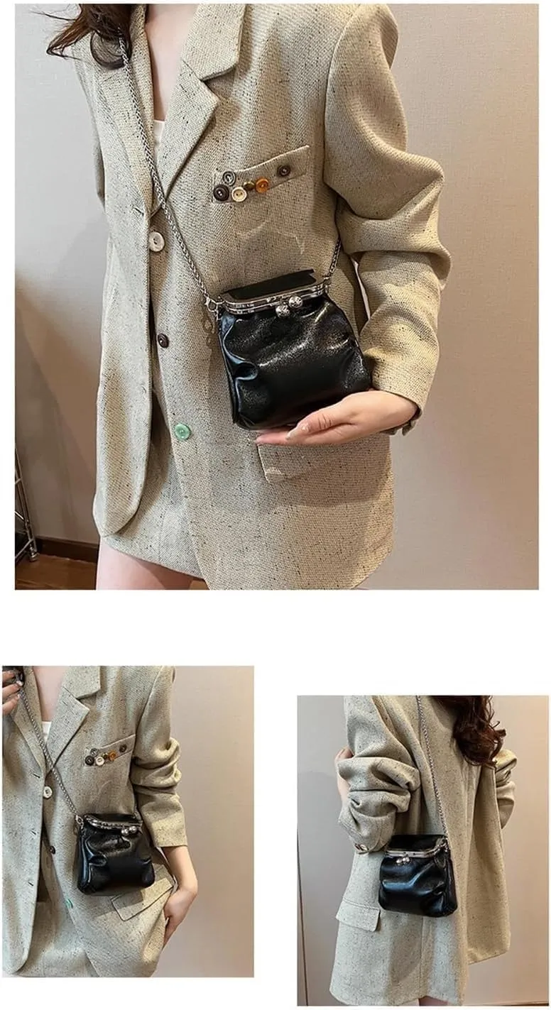 Pleated Shoulder Chain Crossbody bag, Clip Buckle Small Square Bag,shoulder bag (Black)
