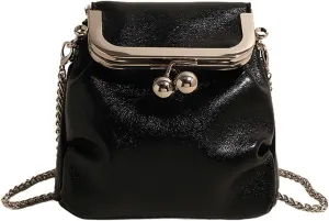 Pleated Shoulder Chain Crossbody bag, Clip Buckle Small Square Bag,shoulder bag (Black)
