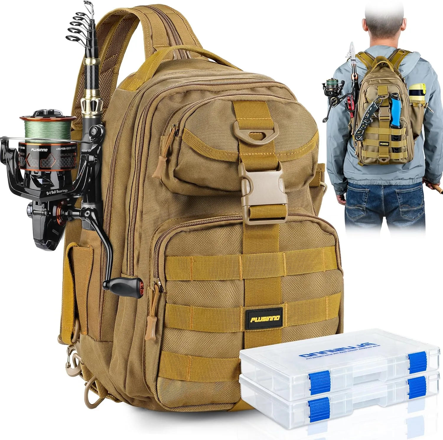 PLUSINNO Fishing Backpack with Rod Holder, Water-Resistant Tackle Bag - Ideal Gifts for Men