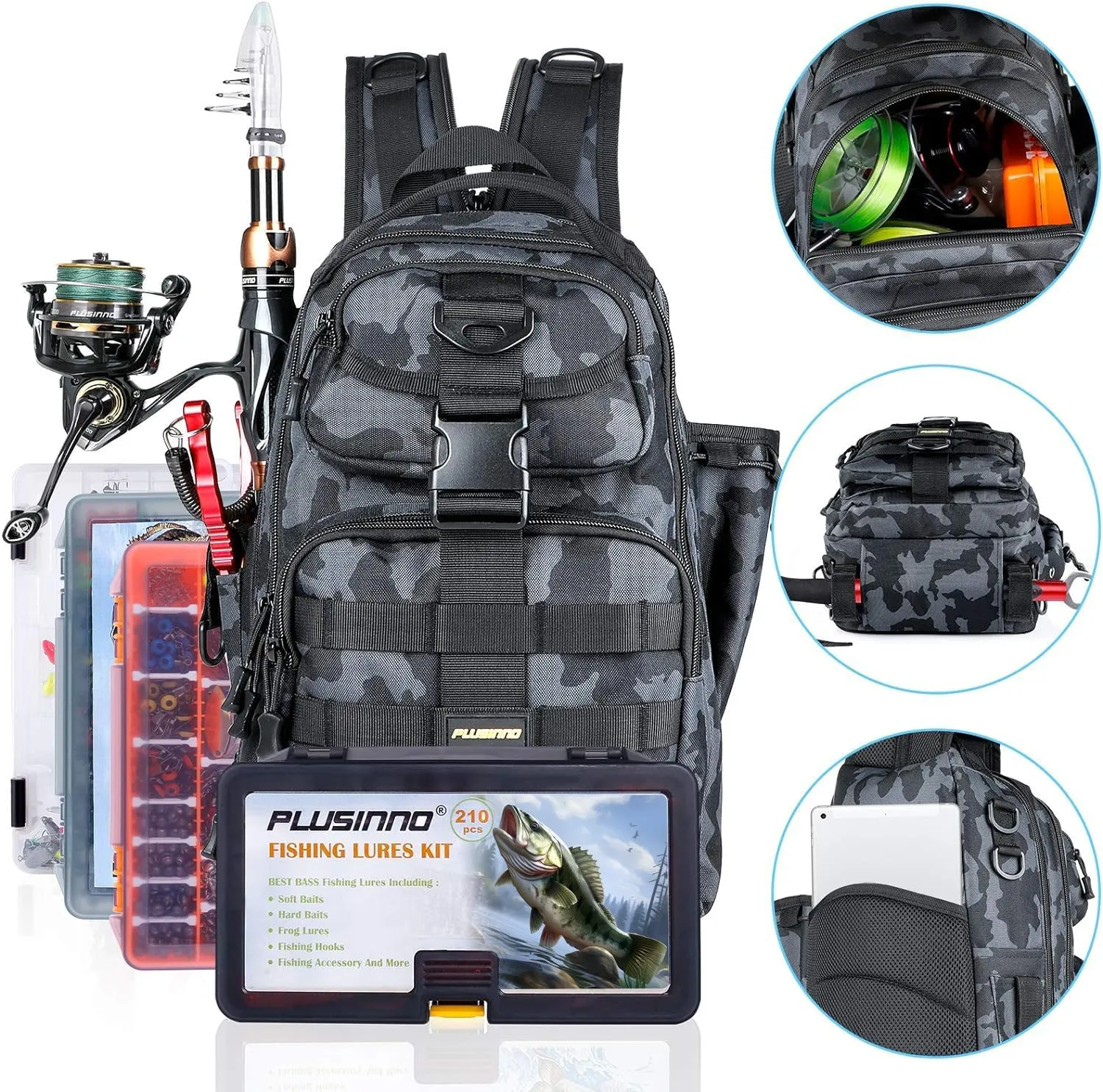 PLUSINNO Fishing Backpack with Rod Holder, Water-Resistant Tackle Bag - Ideal Gifts for Men