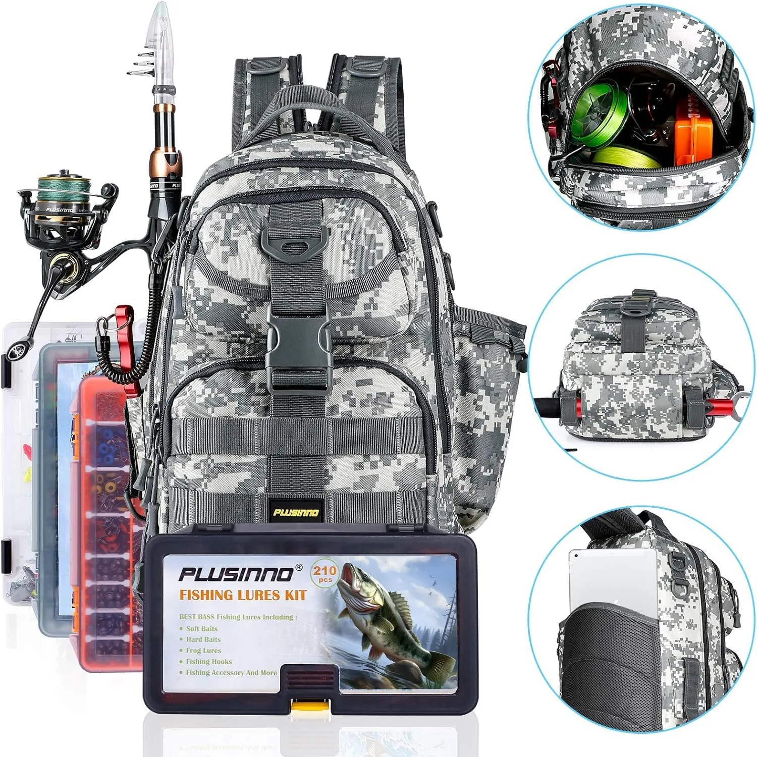 PLUSINNO Fishing Backpack with Rod Holder, Water-Resistant Tackle Bag - Ideal Gifts for Men