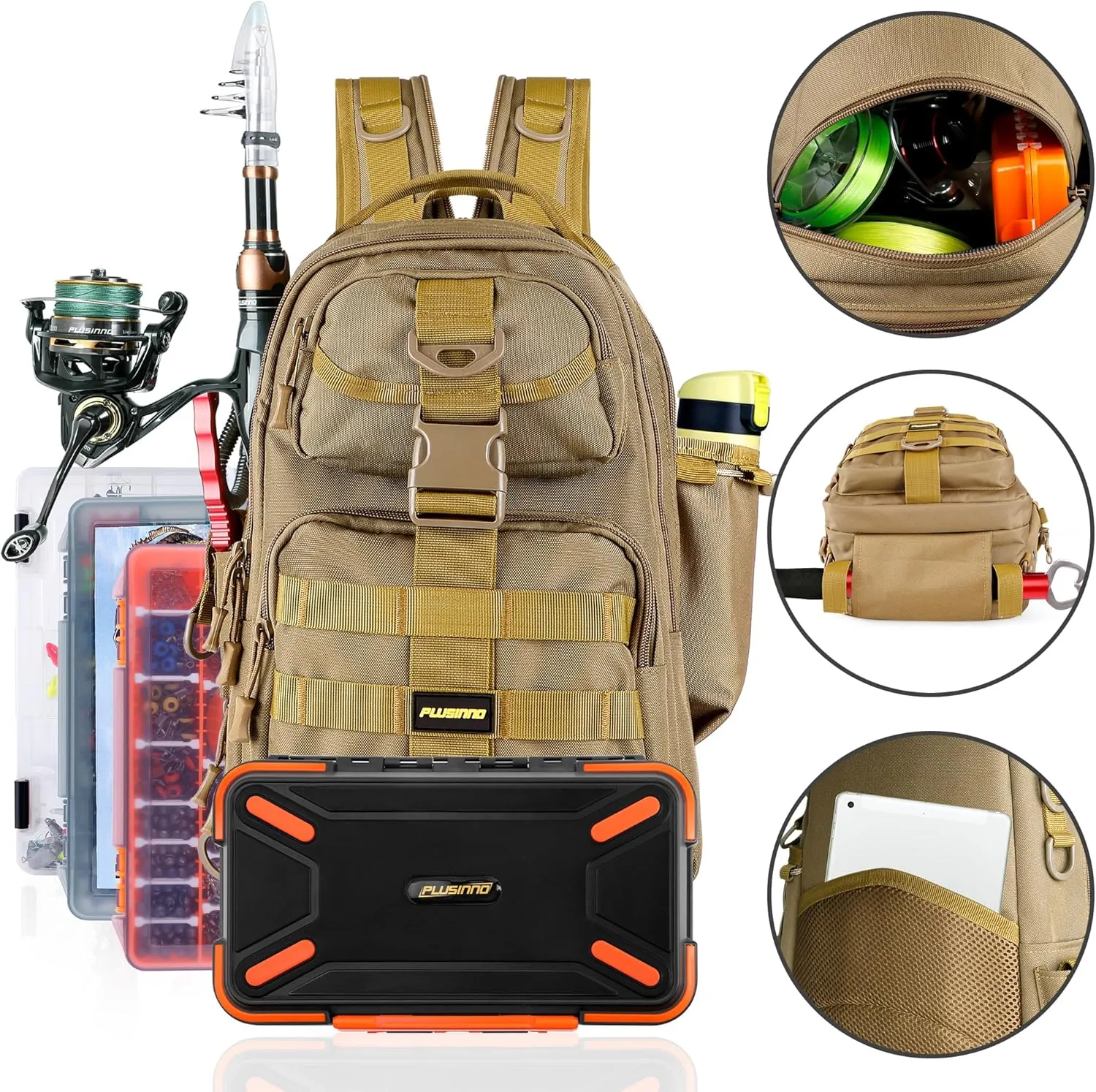 PLUSINNO Fishing Backpack with Rod Holder, Water-Resistant Tackle Bag - Ideal Gifts for Men