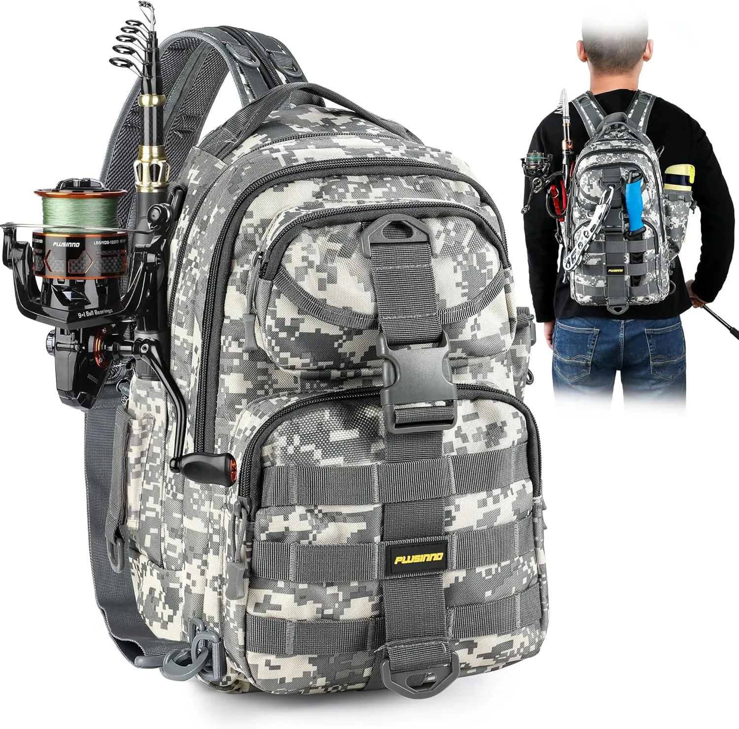 PLUSINNO Fishing Backpack with Rod Holder, Water-Resistant Tackle Bag - Ideal Gifts for Men