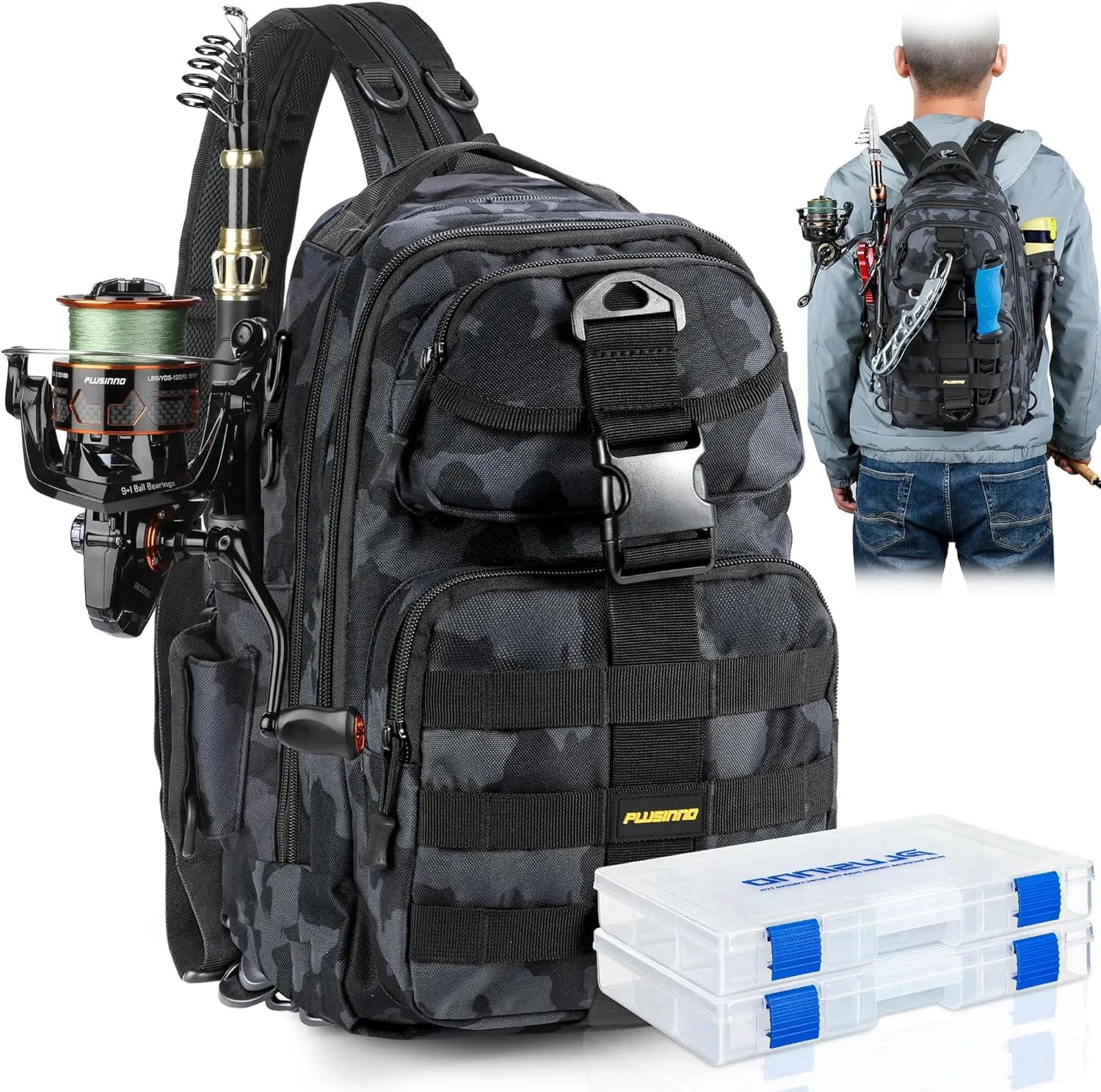 PLUSINNO Fishing Backpack with Rod Holder, Water-Resistant Tackle Bag - Ideal Gifts for Men