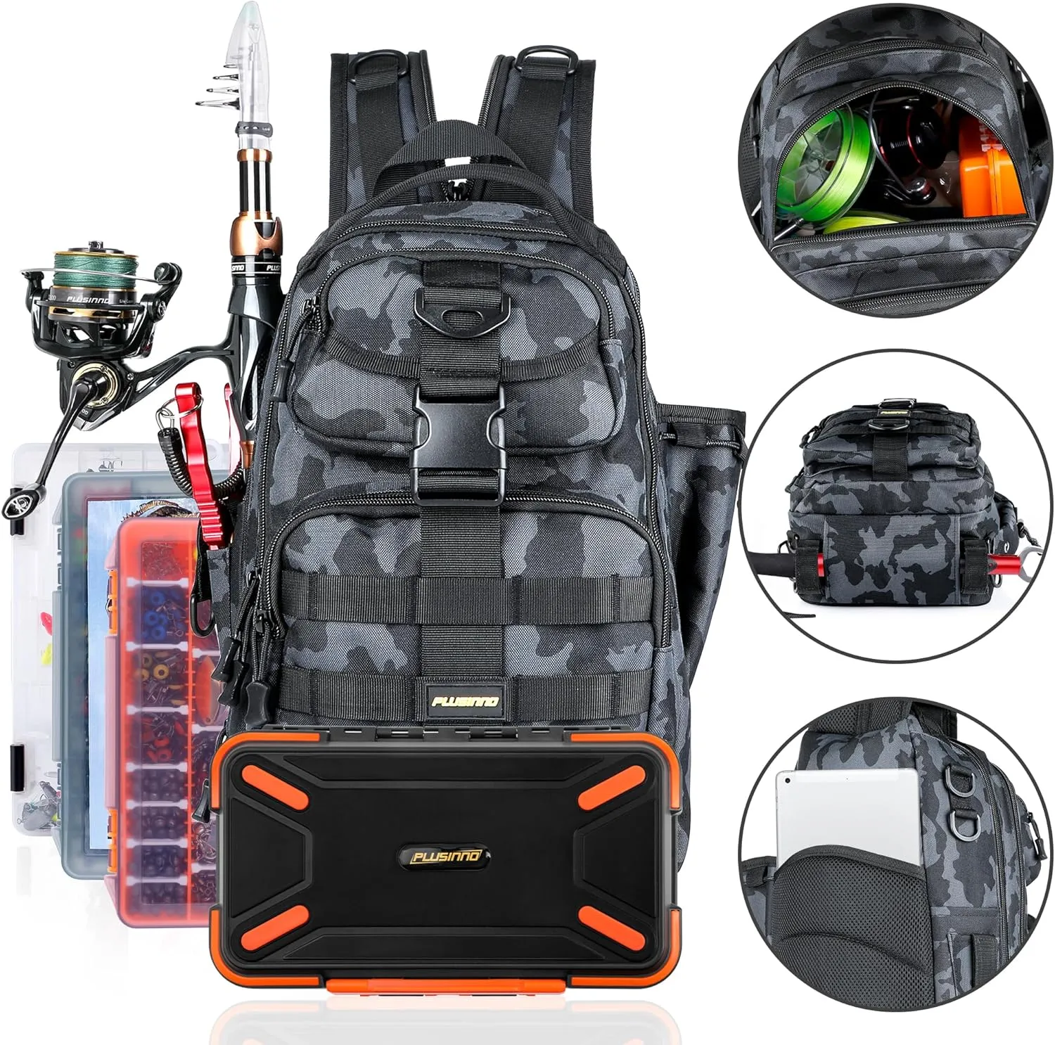 PLUSINNO Fishing Backpack with Rod Holder, Water-Resistant Tackle Bag - Ideal Gifts for Men
