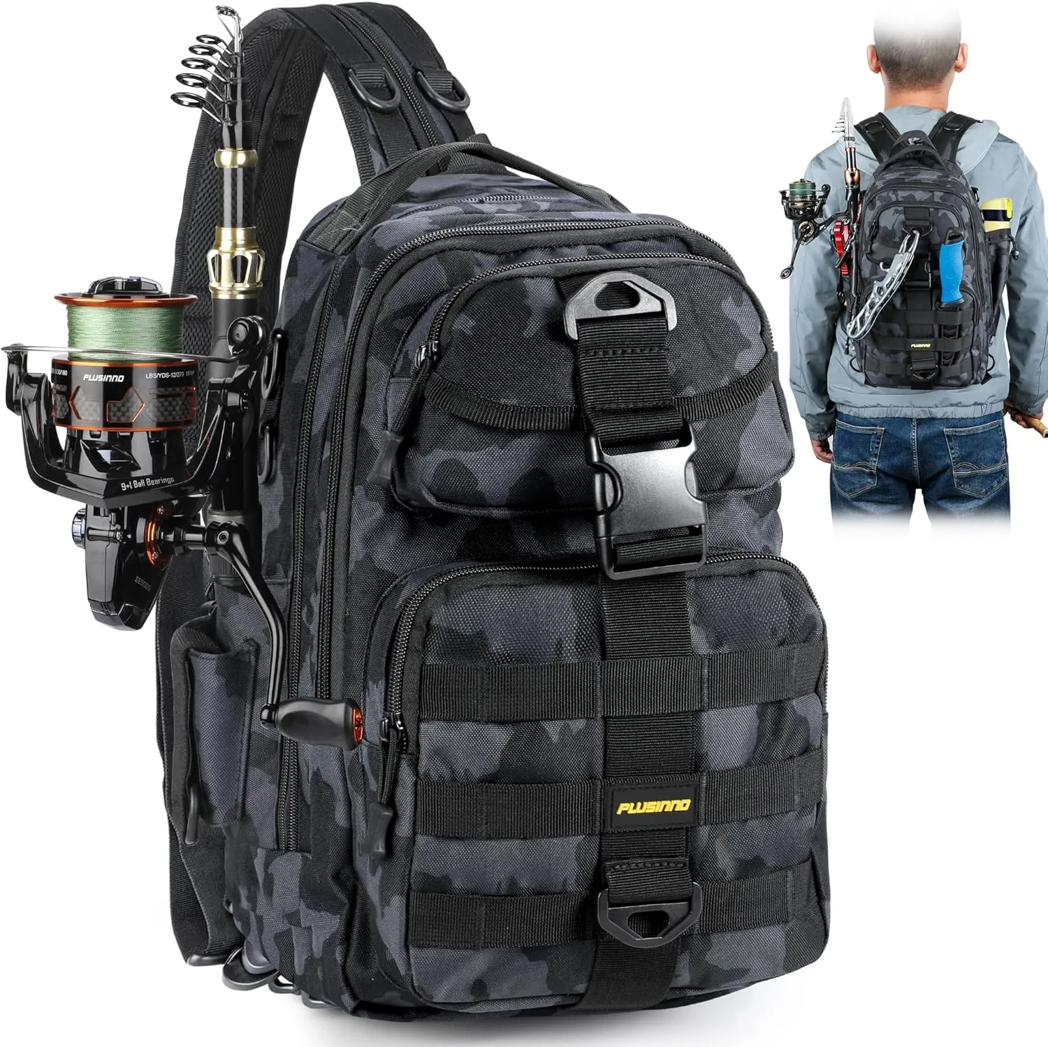 PLUSINNO Fishing Backpack with Rod Holder, Water-Resistant Tackle Bag - Ideal Gifts for Men