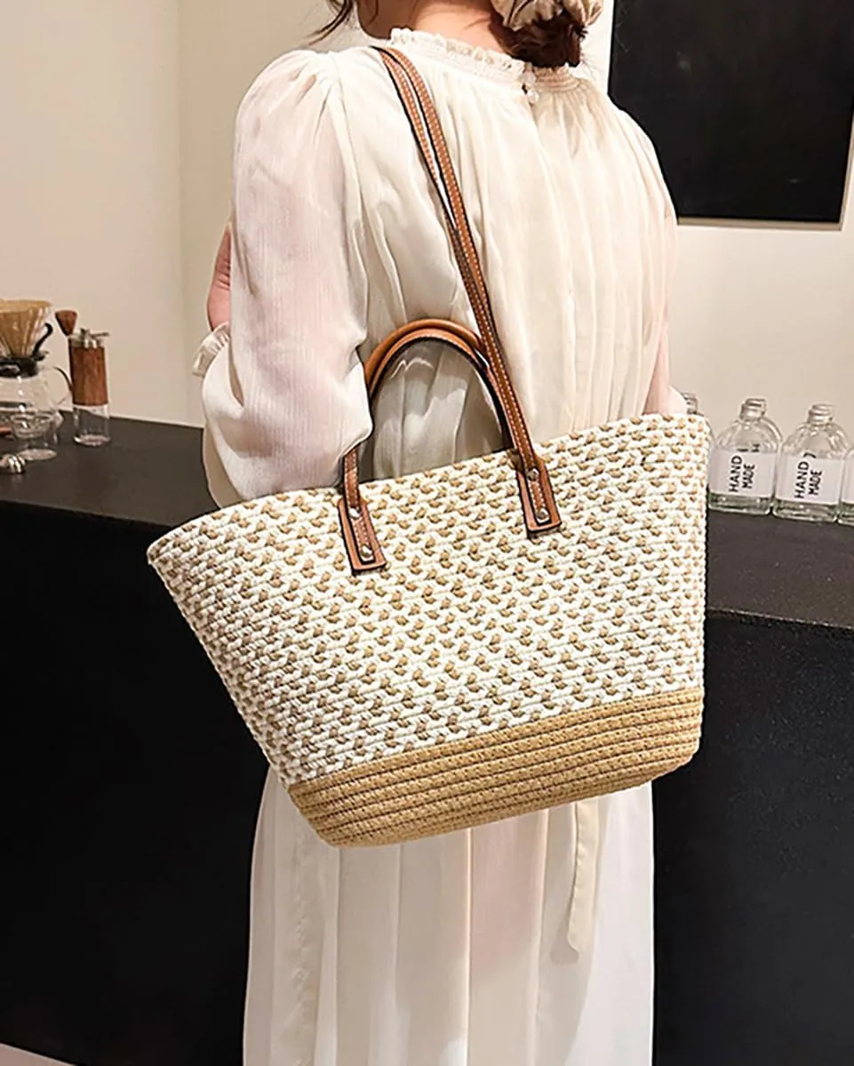 Pocadri Hand-Woven Tote Bag for Women Cotton Rope Beach Travel Large Handbag Shoulder Bag Open Top Handle Purse