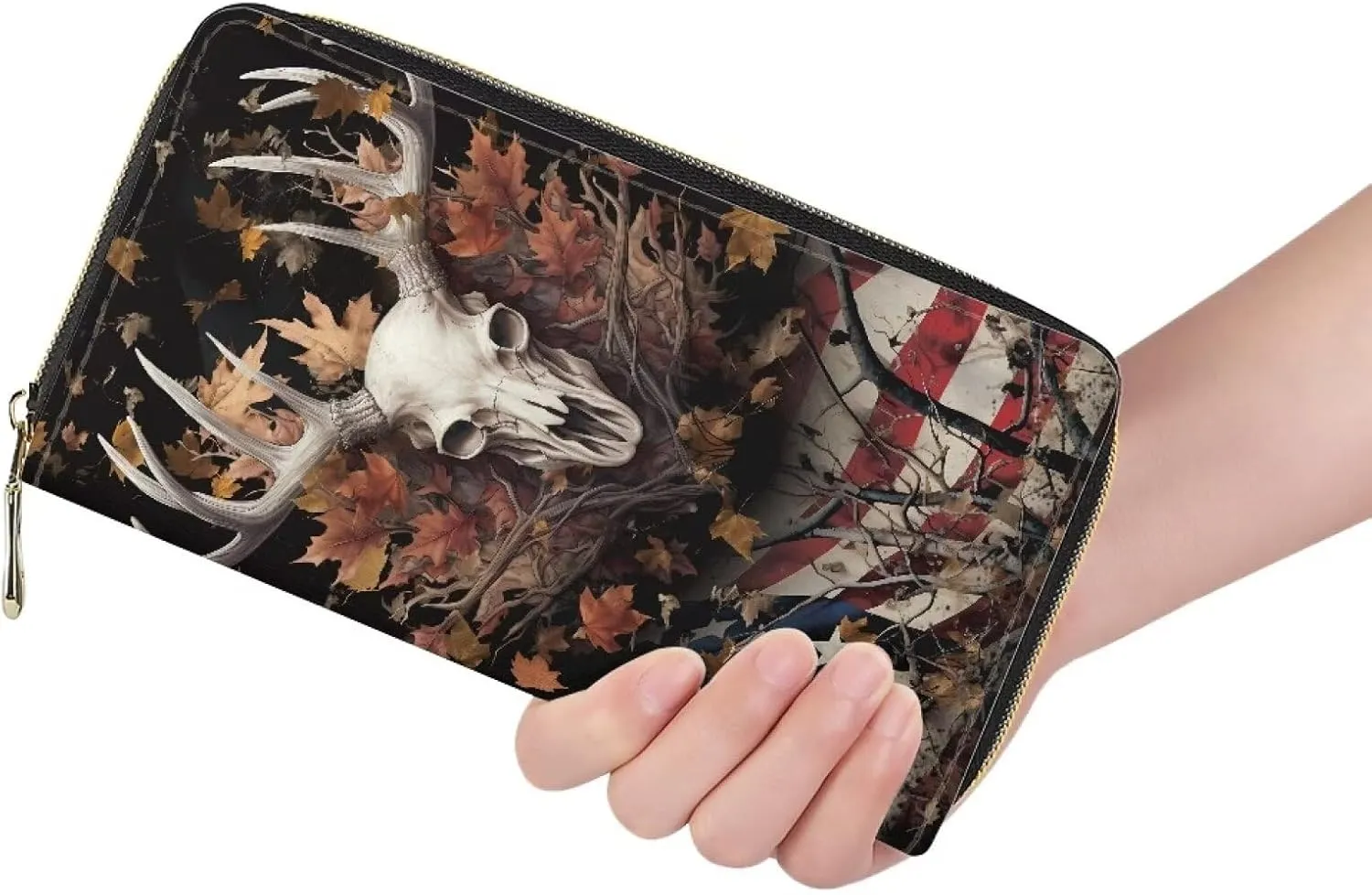 Poceacles American Flag Deer Skull Print Women Wallets, Large Capacity Clutch Purse for Women Wallet Clearance Credit Card Holder Leather Handbag Wallets Ladies Clutch Purse