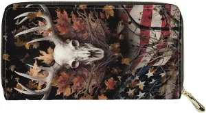 Poceacles American Flag Deer Skull Print Women Wallets, Large Capacity Clutch Purse for Women Wallet Clearance Credit Card Holder Leather Handbag Wallets Ladies Clutch Purse