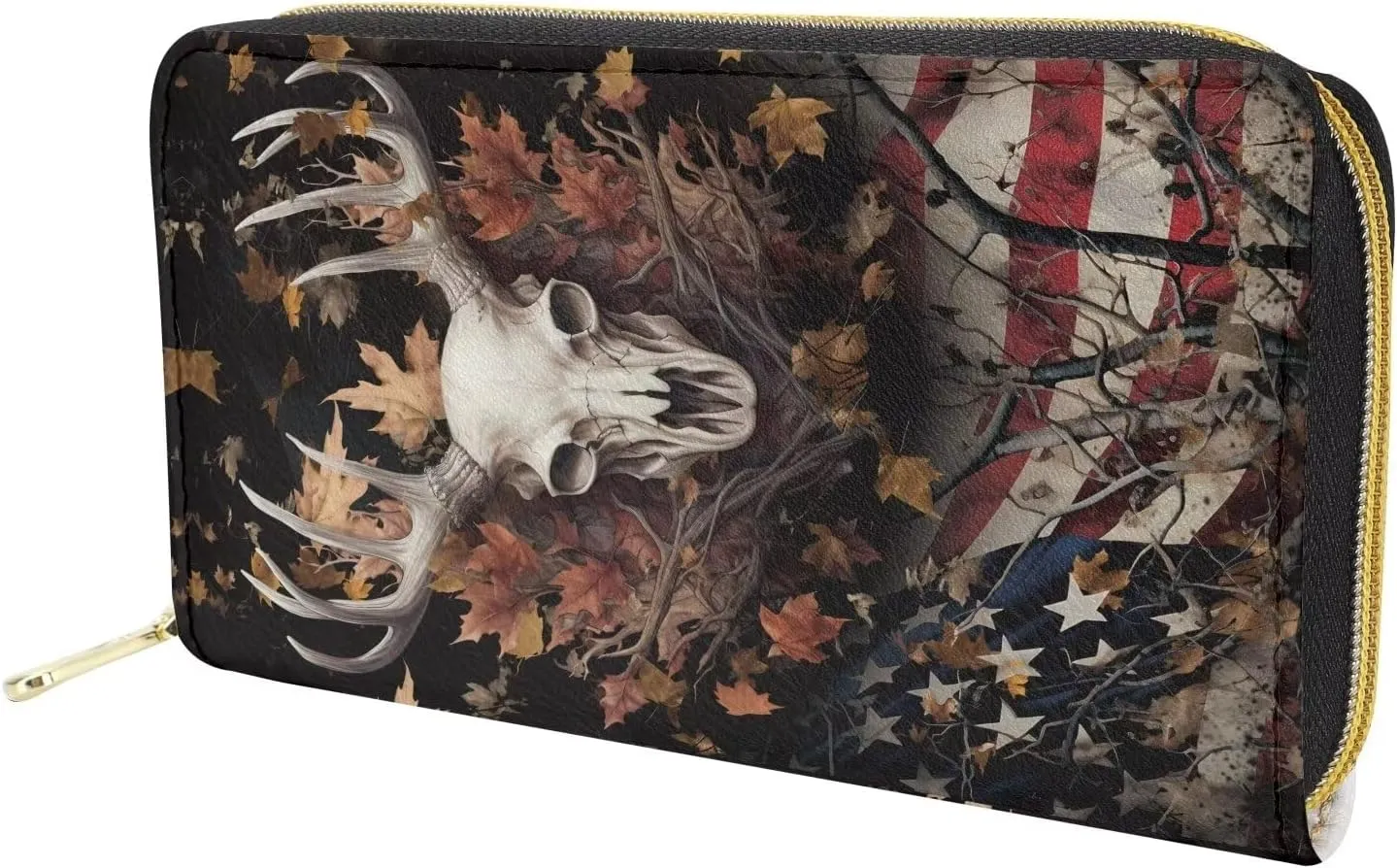 Poceacles American Flag Deer Skull Print Women Wallets, Large Capacity Clutch Purse for Women Wallet Clearance Credit Card Holder Leather Handbag Wallets Ladies Clutch Purse