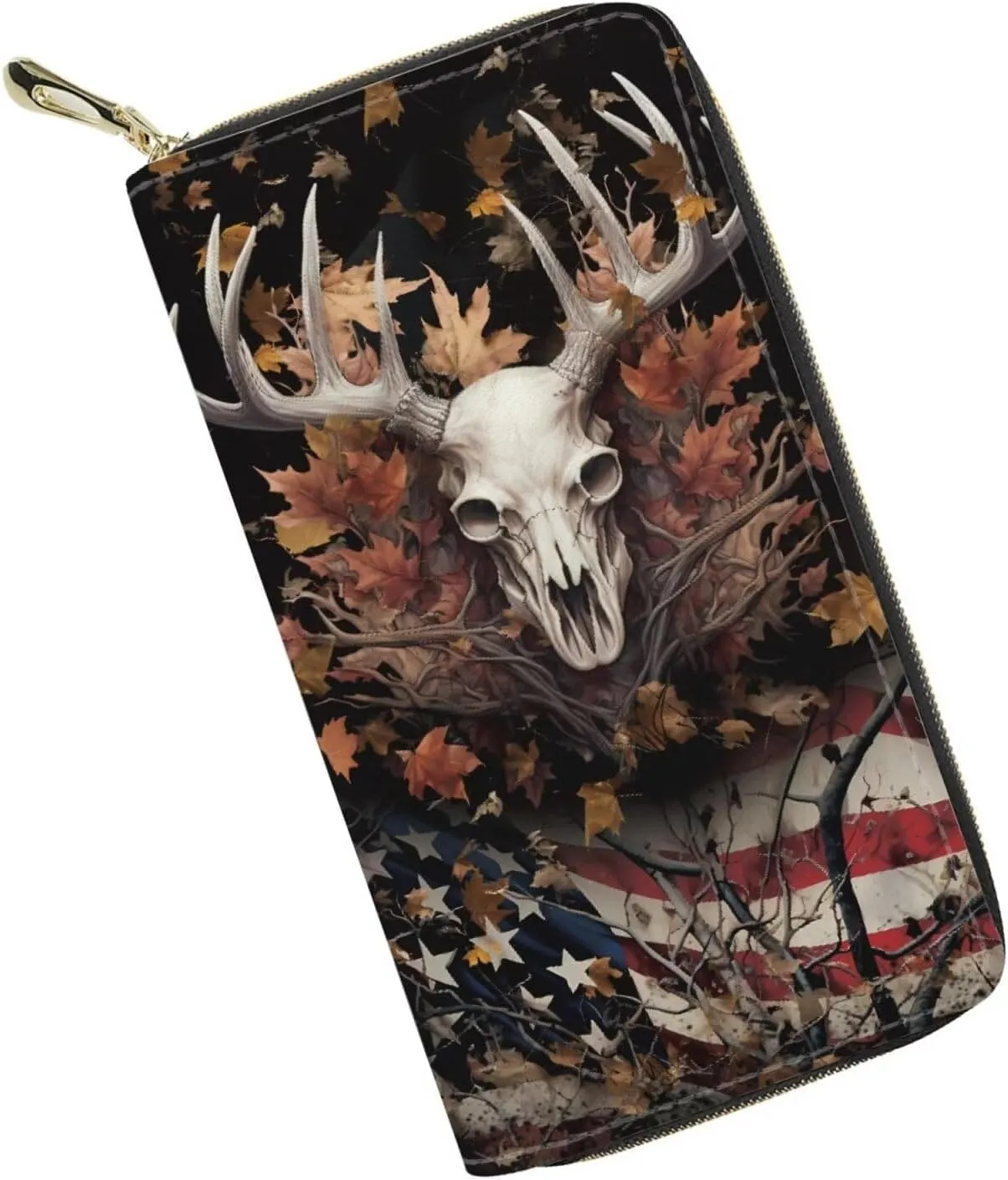 Poceacles American Flag Deer Skull Print Women Wallets, Large Capacity Clutch Purse for Women Wallet Clearance Credit Card Holder Leather Handbag Wallets Ladies Clutch Purse